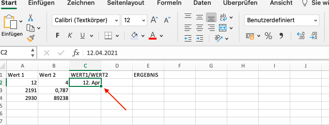 Excel zeigt 12.Apr statt 12/4 in Zelle C2
