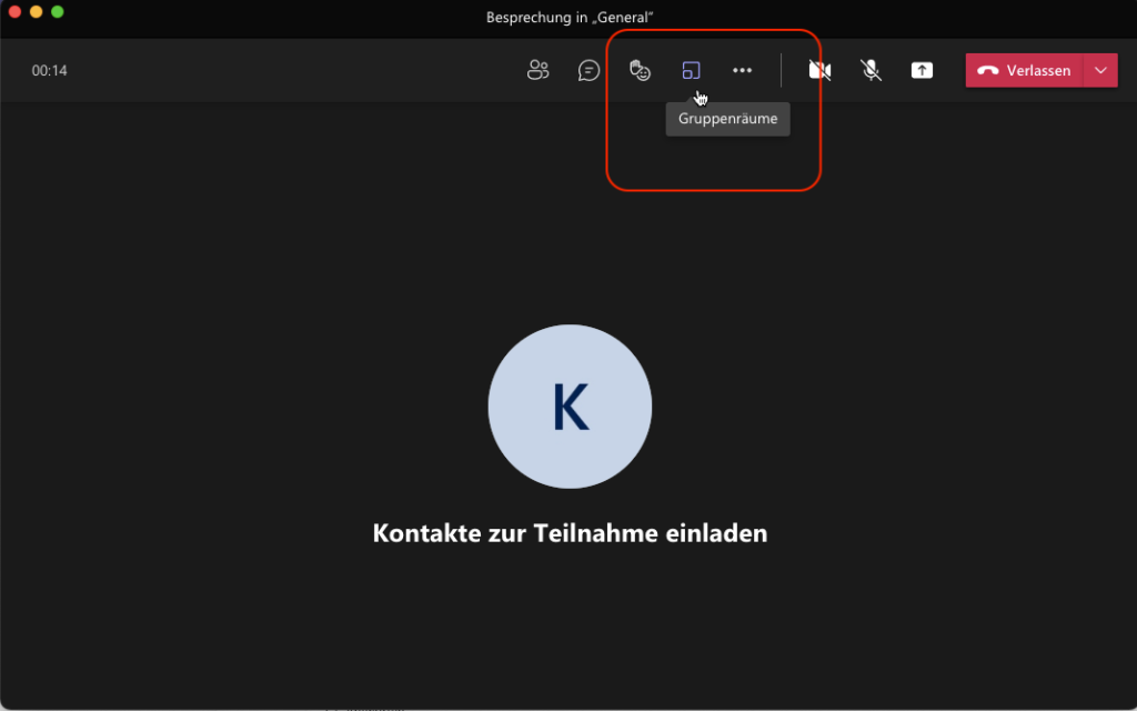 Besprechung in Microsoft Teams. Das Symbol für Gruppenräume ist rot markiert.