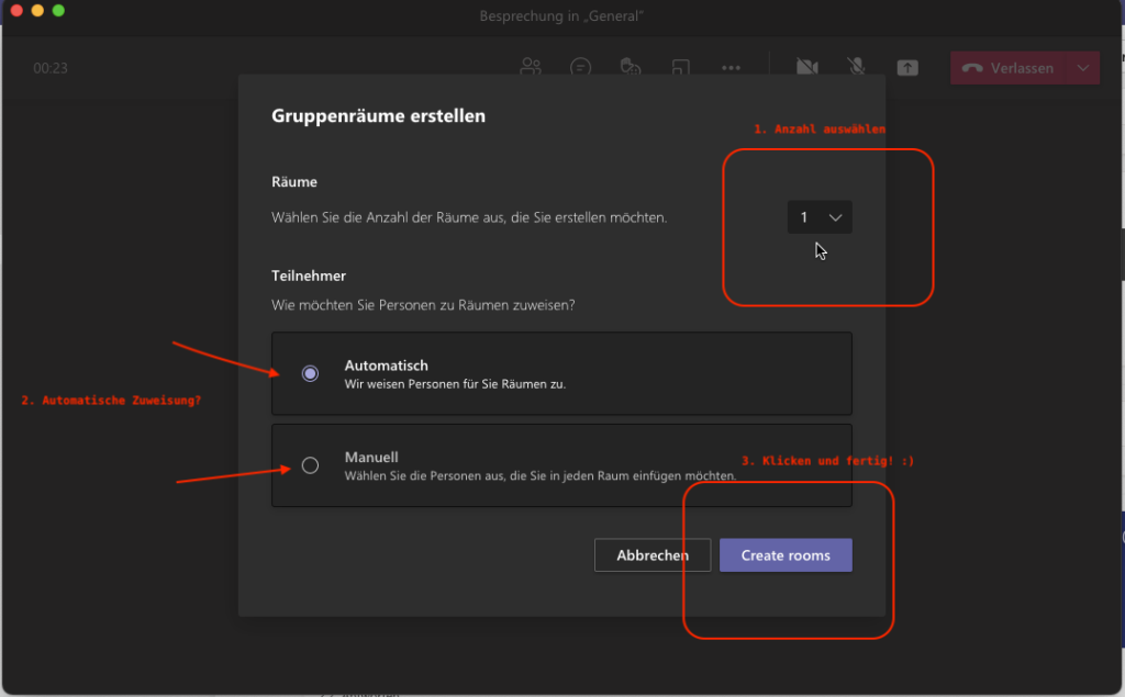 Das Fenster "Gruppenräume erstellen" in Microsoft Teams ist geöffnet. Das Menü für die Anzahl der Räume, so wie die Auwahl "Automatisch" oder "Manuell" ist markiert. Der Button "Create Rooms" zum Erstellen der Gruppenräume ist auch rot umrandet.