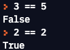 3==5 False und 2==2 True in Python