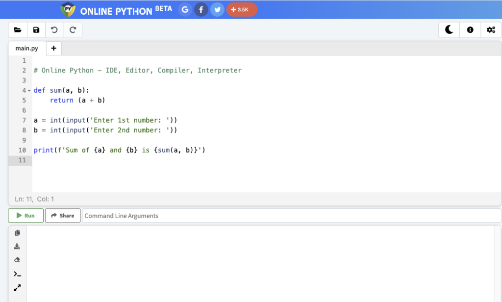 Browserbasierter Python-Compiler von Online Python (Screenshot 05.08.21)