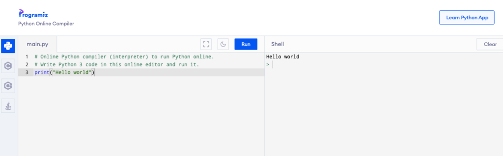 Python Online Compiler von Programiz (Screenshot 05.08.2021)