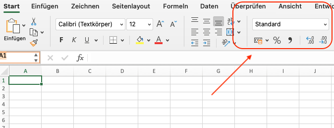Zahlenformat ändern in Excel. Klicke auf "Standard" im Menüband (Screenshot 10.08.21)