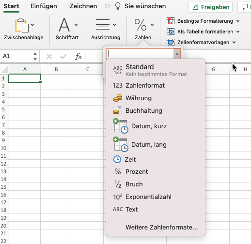 Dropwdown-Menü in Excel um Zahlenformat auszuwählen (Screenshot 10.08.21)