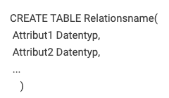 Tabelle erstellen in SQL: 
CREATE TABLE Relationsname(
 Attribut1 Datentyp,
 Attribut2 Datentyp,
 ...
    )