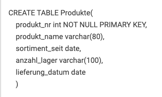 Tabelle Produkte erstellen in SQL: 