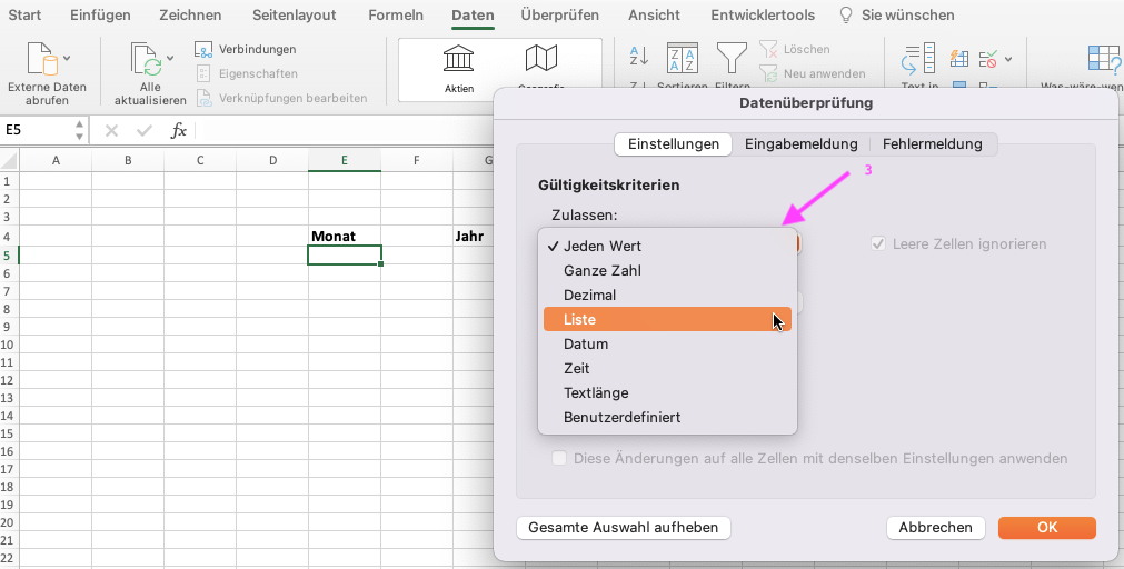 Nach Klicken auf "Datenüberprüfung" erscheint ein Fenster. Es ist eine Liste zu sehen auf die ein Pfeil zeigt, der mit der Zahl 3 markiert ist. In der Liste ist der Begriff "Liste" markiert. 