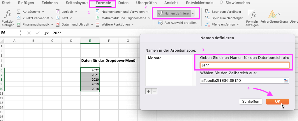 Der markierte Bereich mit den Jahreszahlen aus dem vorherigen Bild ist zu sehen. Außerdem ist im Menüband der Reiter "Formeln" markiert mit einer 1. Und das Feld "Namen definieren" in der zugehörigen Registerkarte mit einer 2. Zudem ist ein Fenster geöffnet mit dem Titel "Namen definieren" und unter "Geben Sie einen Namen für den Datenbereich ein:" wurde das Wort "Jahr" eingegeben. Ein Pfeil zeigt auf "OK".