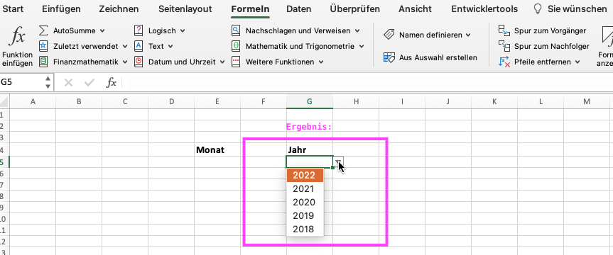 Tabelle 1 ist zu sehen und in G5 erscheint ein Pfeil nach unten und eine Dropdown-Liste ist geöffnet mit den Jahreszahlen von 2022 bis 2018. Diese ist markiert mit dem Wort "Ergebnis". 